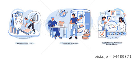 Market statistics analysis metaphor, financial advisor, customer relationship management business themes set 94489371