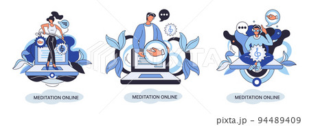 Meditation online metaphor. Practicing yoga, mental exercises. Wellness practice to restore peace of mind 94489409