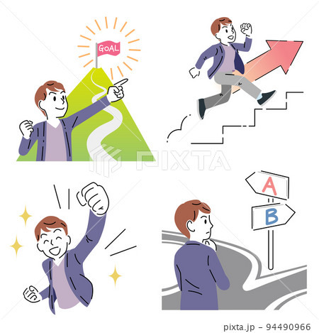 シンプルなタッチの若い男性のイラストセット(ステップアップ・選択・目標・達成) シンプルなタッチの若い男性のイラストセット(ステップアップ・選択・目標・達成) 94490966