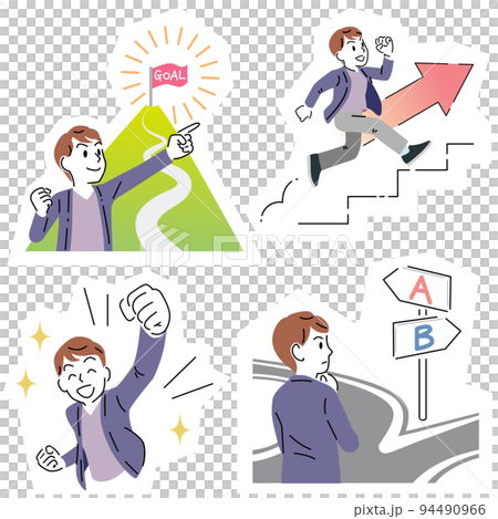シンプルなタッチの若い男性のイラストセット(ステップアップ・選択・目標・達成) シンプルなタッチの若い男性のイラストセット(ステップアップ・選択・目標・達成) 94490966