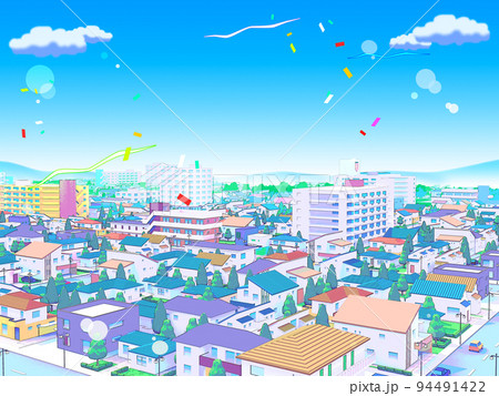住宅街CG 　パステルカラー　街並み　風景　背景 　ポップ 94491422