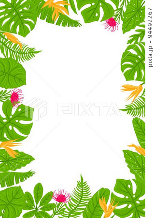 Vertical Frame from tropical leaves, palms, plants, flowers, monstera. Botanical exotic plants elements. Vector illustration isolated on white background. Vertical Frame from tropical leaves, palms, plants, flowers, monstera. Botanical exotic plants elements. Vector illustration isolated on white background. 94492267