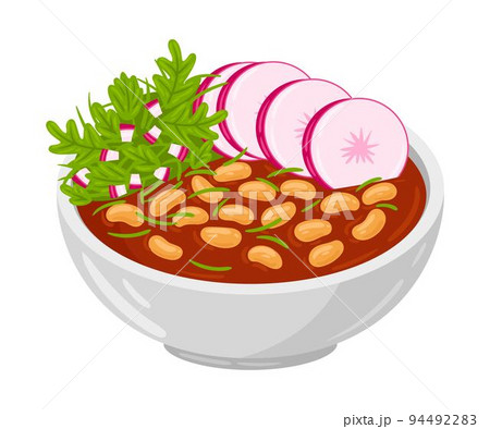 Cartoon Pozole Mexican soup vector illustration. Traditional Mexican Cuisine. Pozole soup isolated on white background. 94492283