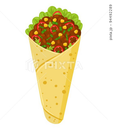 Cartoon Burrito with meat and vegetables. Mexican traditional food. Vector illustration. Isolated on white background. 94492289