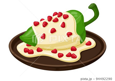 Cartoon Chiles en nogada, Chile Relleno, Poblano chili Mexican food vector illustration. Traditional Mexican Cuisine. Chiles en nogada with sauce isolated on white background. 94492290
