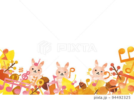 秋の水彩の音符と枯れ葉で遊ぶうさぎたちの下フレーム 秋の水彩の音符と枯れ葉で遊ぶうさぎたちの下フレーム 94492325