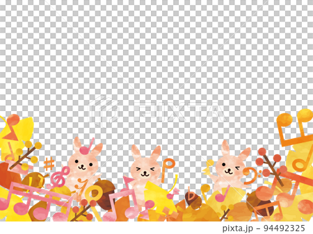 秋の水彩の音符と枯れ葉で遊ぶうさぎたちの下フレーム 秋の水彩の音符と枯れ葉で遊ぶうさぎたちの下フレーム 94492325