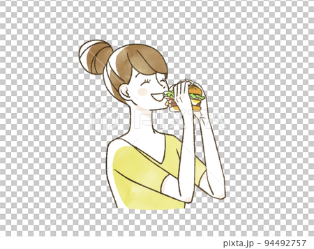 女人微笑著吃漢堡包 94492757