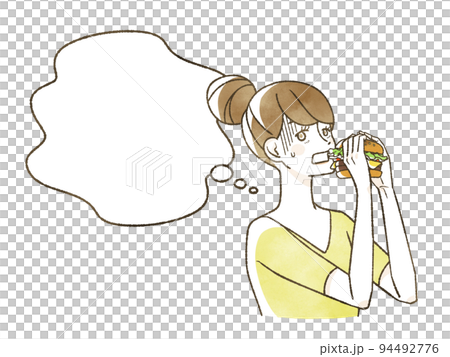 ハンバーガーを食べるのに戸惑う女性 94492776