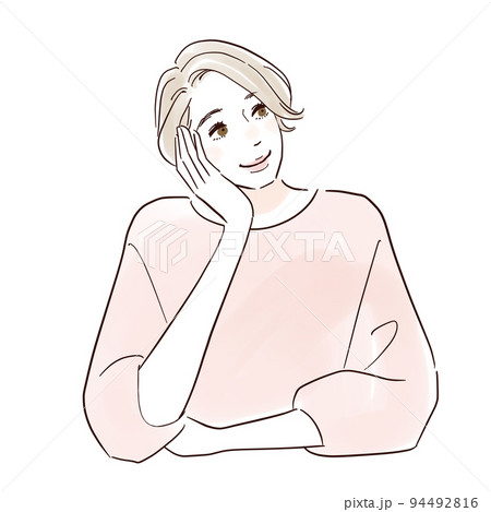 ショートヘアの女性 頬杖して何かを楽しみに思う ショートヘアの女性 頬杖して何かを楽しみに思う 94492816