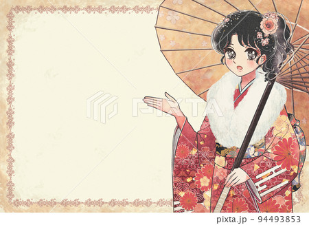 豪華な振袖着物を着た京美人が案内してくれるアイキャッチイラスト 94493853