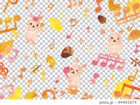 兔子玩秋季水彩筆記和枯葉的背景 94493874