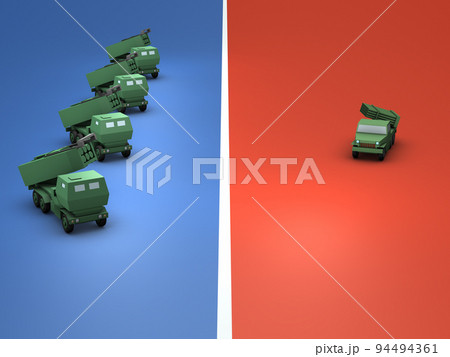 沢山のNATO風の架空の精密誘導ロケット砲。貧弱なロシア風の古風な無誘導のロケット砲。多勢に無勢。 94494361