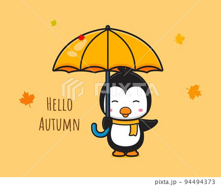 Penguin saying hello autumn banner cartoon icon vector illustration 94494373