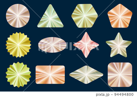 Holographic stickers set. Golden label gradient stamps. Metal texture badges. Iridescent rainbow foil in different geometric shapes. Vector neon emblems. 94494800