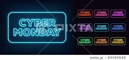 Outline neon Cyber Monday text with frame. Glowing neon Cyber Monday tag for online sale, promo text for social media Outline neon Cyber Monday text with frame. Glowing neon Cyber Monday tag for online sale, promo text for social media 94495640