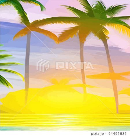 miami beach with palm trees at sunset .Tropical landscape with sunny sky, palm trees on the beach. silhouette of palm trees on the sunset beach 94495685