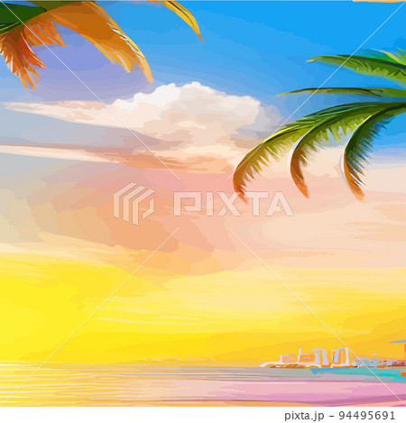 miami beach with palm trees at sunset .Tropical landscape with sunny sky, palm trees on the beach. silhouette of palm trees on the sunset beach 94495691