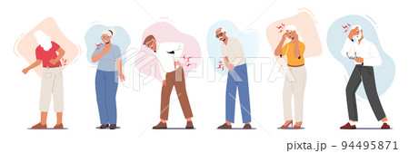 Set Elderly People Suffer of Ache in Body Parts Back, Head, Arms and Heart. Senior Characters Feel Pain. Health Problem 94495871