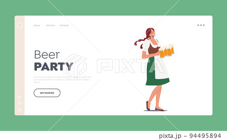 German Beer Fest Party Concept Landing Page Template. Female Wear Traditional Bavarian Peasant Dress Holding Tankards German Beer Fest Party Concept Landing Page Template. Female Wear Traditional Bavarian Peasant Dress Holding Tankards 94495894