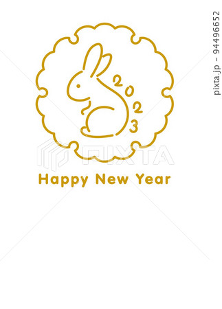 うさぎと雪輪のシンプルな線画の2023年年賀状テンプレート　ベクターイラスト 94496652