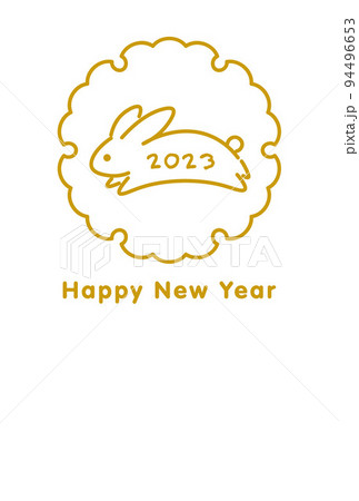 飛び跳ねるうさぎと雪輪のシンプルな線画の2023年年賀状テンプレート　ベクターイラスト 94496653