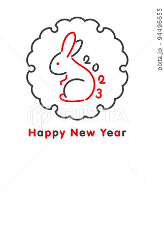 うさぎと雪輪のお洒落な線画の2023年年賀状テンプレート　ベクターイラスト 94496655