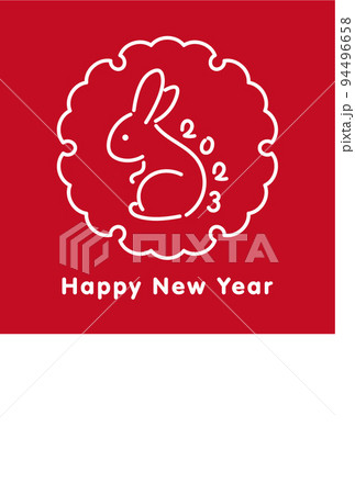 うさぎと雪輪のシンプルな線画の2023年年賀状テンプレート　ベクターイラスト 94496658