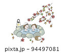 紅葉を楽しみながら温泉に入る女性2人 94497081