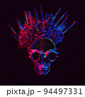 human skull in a crown of rose flowers and steampunk glasses with digital color effect 94497331