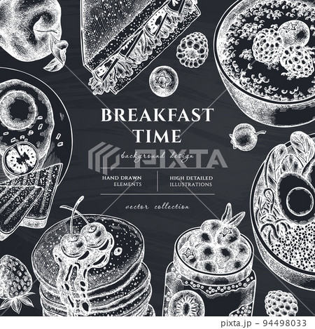 Breakfast hand drawn illustration design. Background with chalk sandwich, pancakes, bowl with avocado, porridge with berries, chia pudding, fried eggs, raspberry, blueberry, strawberry, apples. 94498033