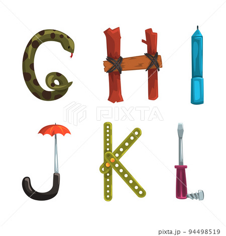 Alphabet with various objects. G,H,I,J,K,L creative cartoon letters made of umbrella, screwdriver tool, snake, pencil vector illustration 94498519