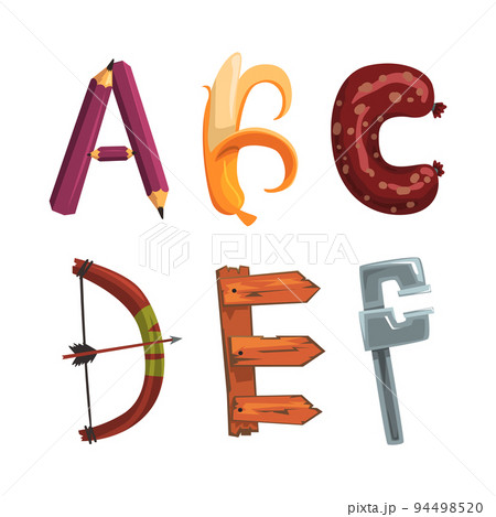 Alphabet with various objects. A,B,C,D,E,F creative cartoon letters made of sausages, measuring tool, bow, banana vector illustration Alphabet with various objects. A,B,C,D,E,F creative cartoon letters made of sausages, measuring tool, bow, banana vector illustration 94498520