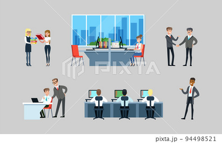 Scenes at office. Business people, office employees working on computers, meeting and communicating flat vector 94498521