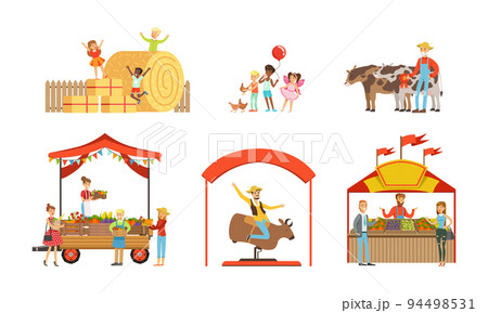 Outdoor farmer market with fair booths set. Farmers selling fresh organic farm products vector illustration Outdoor farmer market with fair booths set. Farmers selling fresh organic farm products vector illustration 94498531