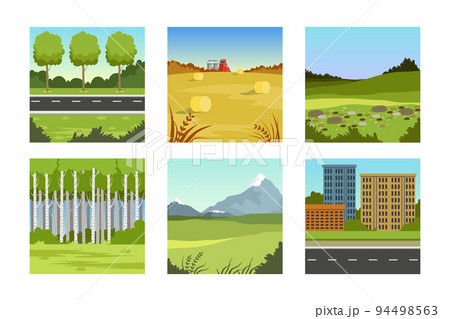 Set of natural landscapes. Forest, pasture, mountains and city street summer and autumn background vector illustration 94498563