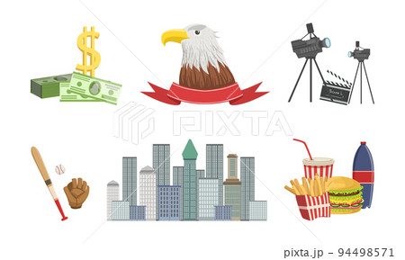 Set of USA traditional cultural symbols. Dollar money, fast food dishes, movie objects, baseball sports equipment vector illustration 94498571