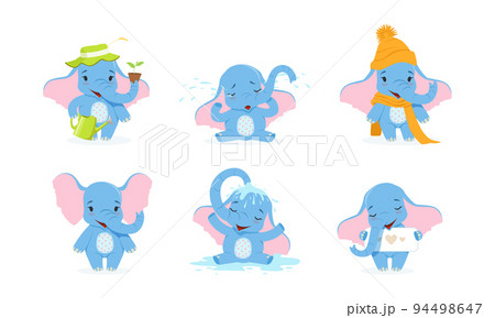 Cute baby elephants in different activities. Funny african animal watering flowers, crying, taking shower, walking wearing knitted hat and scarf cartoon vector illustration 94498647