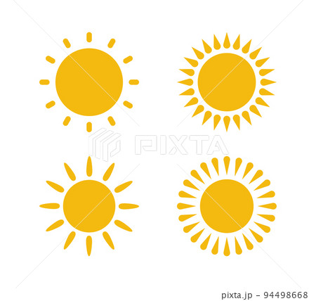 Yellow flat sun with rays icons in various design. Sun silhouette icons. Graphic weather signs. Symbol of heat, warm and climate. Vector illustrations set isolated on white background 94498668