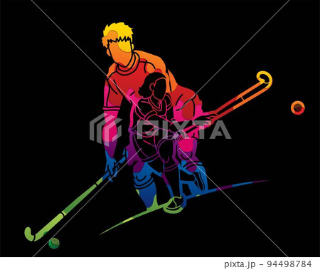 Group of Field Hockey Sport Male and Female Players Action Together Cartoon Graphic Vector 94498784