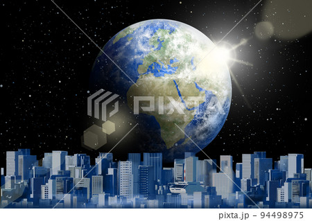 夜に浮かぶ地球と光ー都市風景ー都会の夜景風景－星空の幻想的な美しい不思議なイラスト壁紙素材 94498975