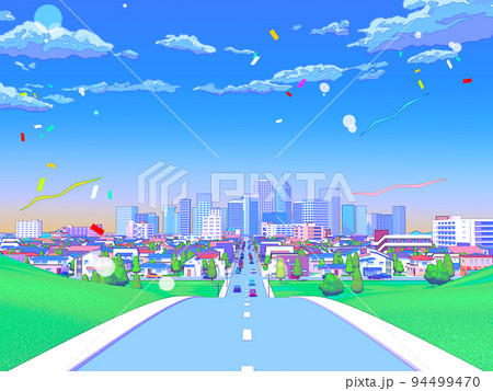 住宅街CG パステルカラー 街並み 風景 背景 ポップ 住宅街CG パステルカラー 街並み 風景 背景 ポップ 94499470
