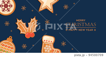 christmas greeting card with gingerbread cookies decoration on blue background 94500709