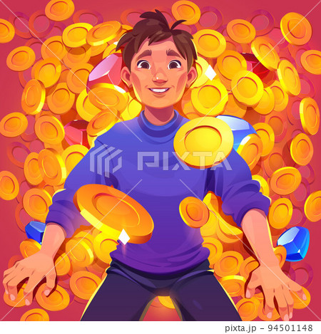 Lottery winner lying on golden coins top view 94501148