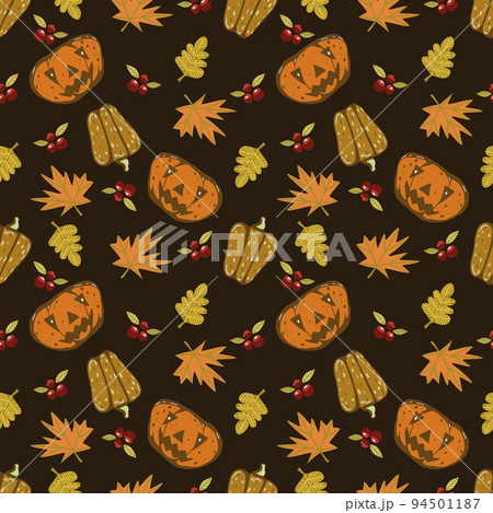Autumn seamless vector pattern with pumpkins and fall leaves. Hand drawn illustration. 94501187