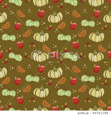 Autumn seamless vector pattern with pumpkins and fall leaves. Hand drawn illustration. 94501188