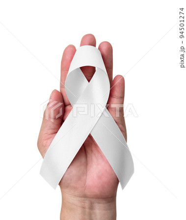 White or light pearl awareness ribbon for Lung cancer, Bone cancer, Multiple Sclerosis, Severe Combined Immune Deficiency Disease (SCID) and Newborn Screening, bow isolated with clipping path 94501274