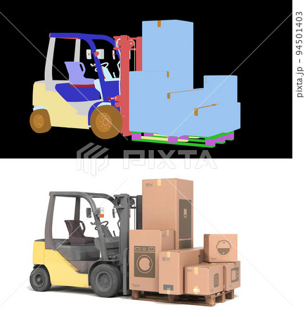 delivery from the store concept The loader loads boxes with equipment 3d render on white with alpha cut delivery from the store concept The loader loads boxes with equipment 3d render on white with alpha cut 94501403