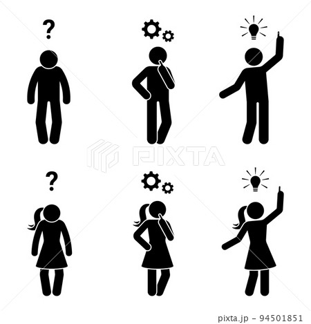 Stick figure man and woman problem solving reasoning vector illustration. Question, solution, idea, insight icon set 94501851