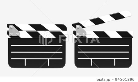Film clapperboards open and closed icons isolated on white background, front view. Realistic filmmaking equipment, cinema production, clappers for shooting footages or movie scenes 94501896